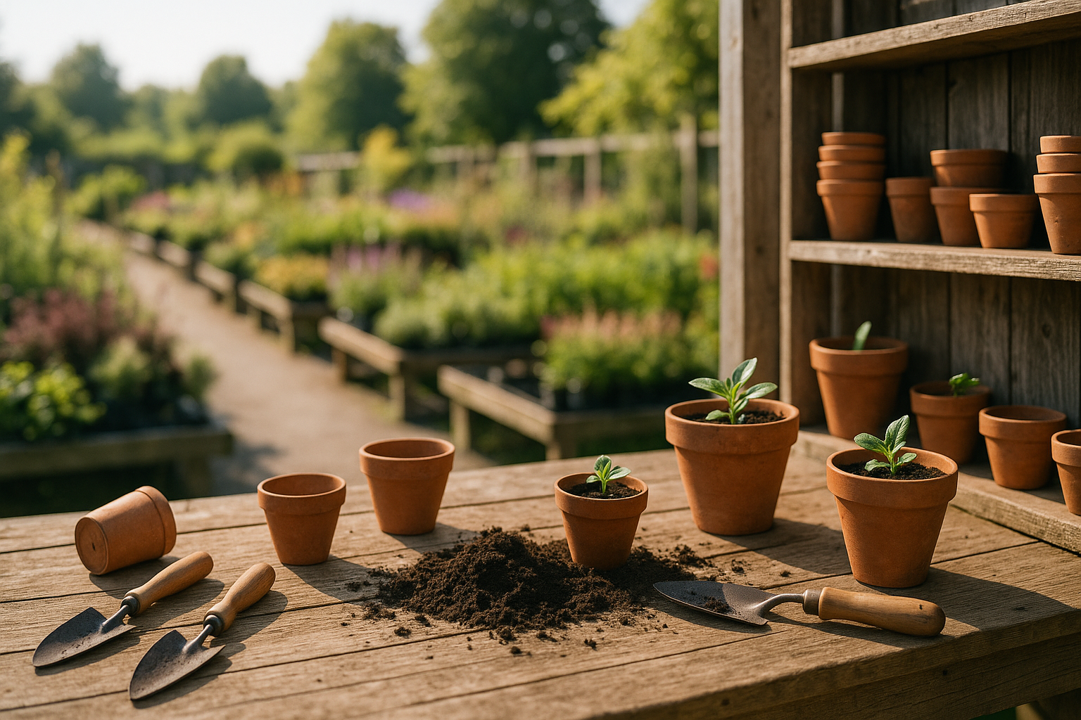 A garden center potting bench prepared with terracotta pots, soil, and planting tools
